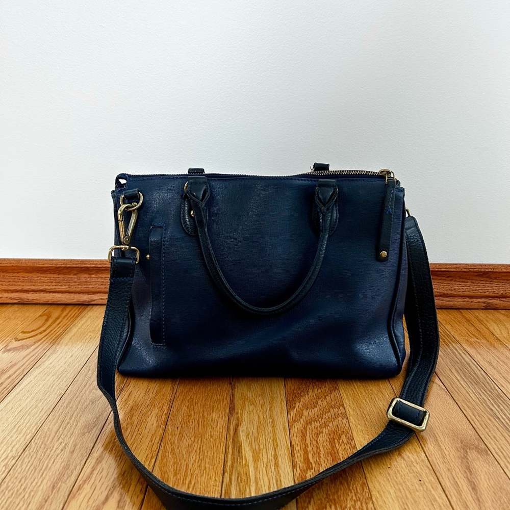Classic Navy Leather Satchel Handbag